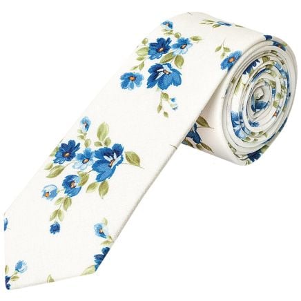 Men's White Cotton Skinny Tie with Blue Flower Pattern