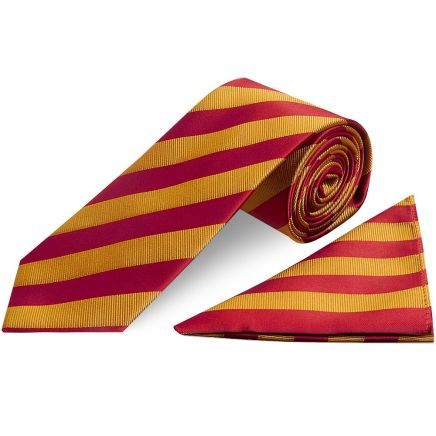 Red and Gold Striped Classic Men's Tie and Pocket Square Set