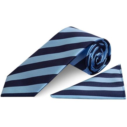 Navy and Light Blue Striped Classic Men's Tie and Pocket Square Set