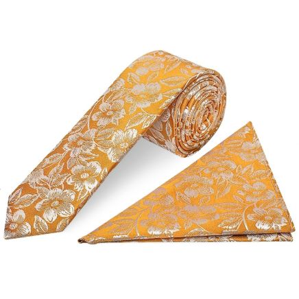 Mens Gold Floral Silk Skinny Tie and Pocket Square