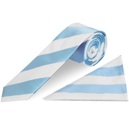 Sky Blue and White Striped Skinny Men's Football Tie and Pocket Square set