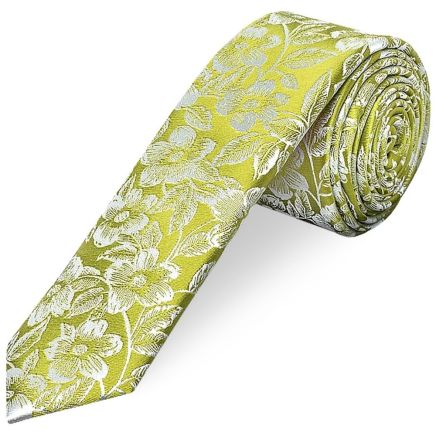 Mens Green Floral Silk Skinny Tie