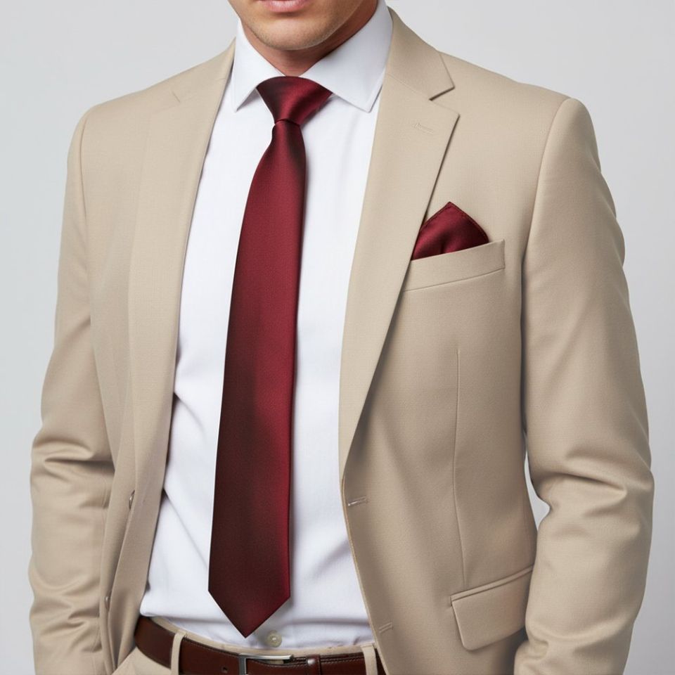 Plain Burgundy Satin Classic Men's Tie and Pocket Square Set