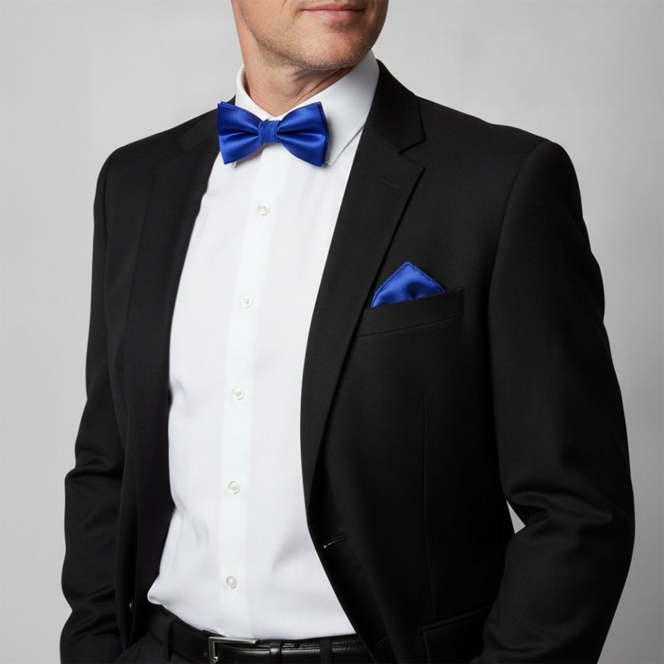 Plain Royal Blue Hand Made Mens Bow Tie and Pocket Square Set