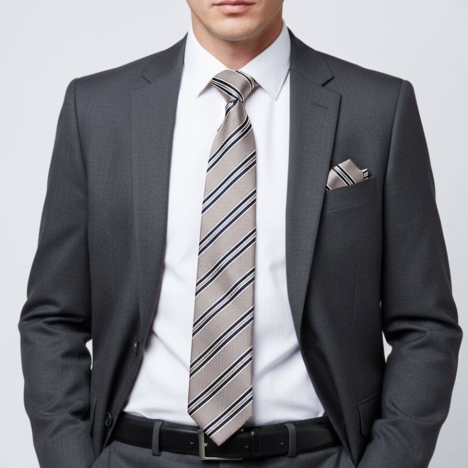 Silver Twin Stripe Classic Men's Tie and Pocket Square Set