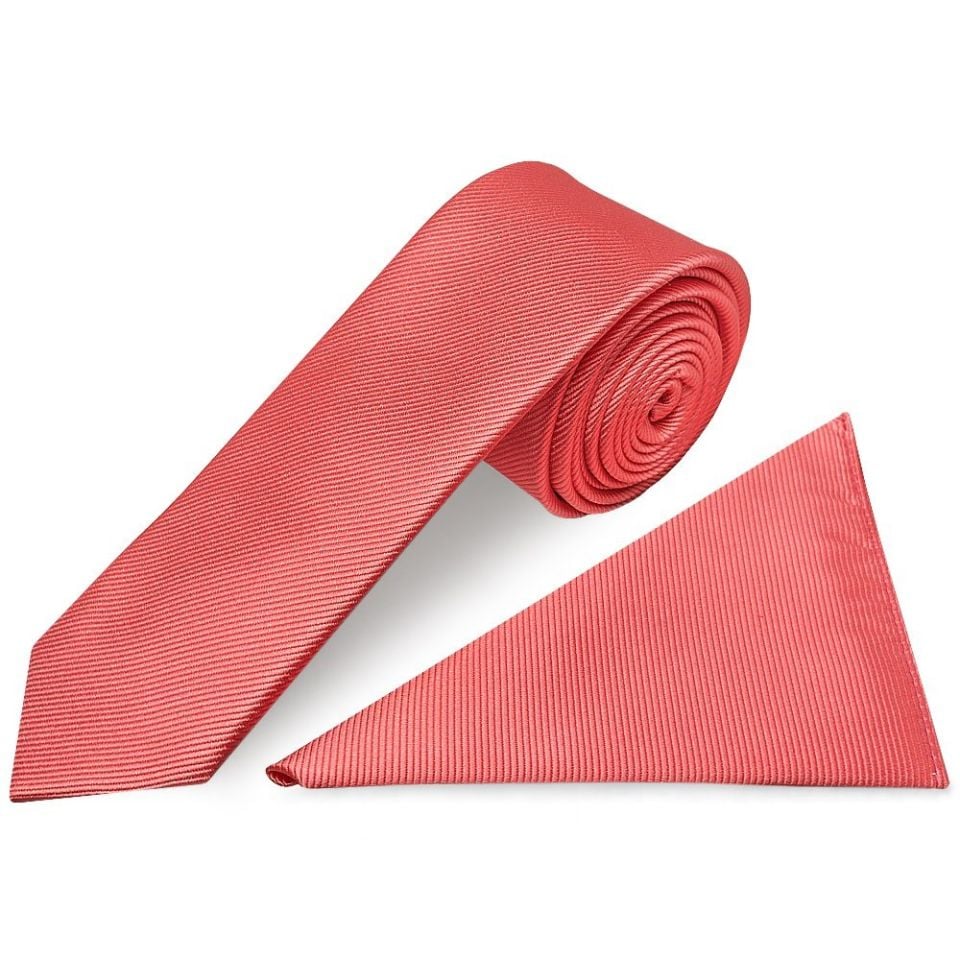 Salmon Pink Silk Twill Skinny Mens Tie and Pocket Square Set