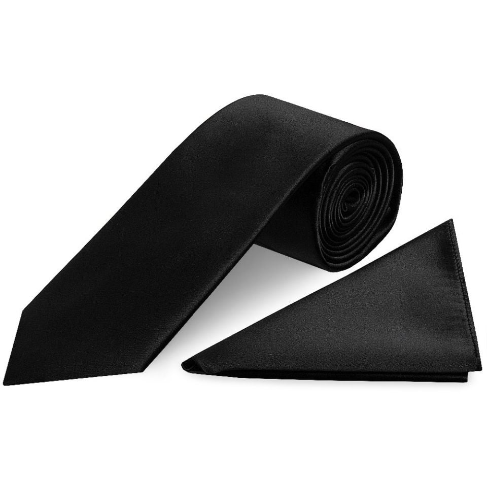 Plain Black Satin Classic Men's Tie and Pocket Square Set
