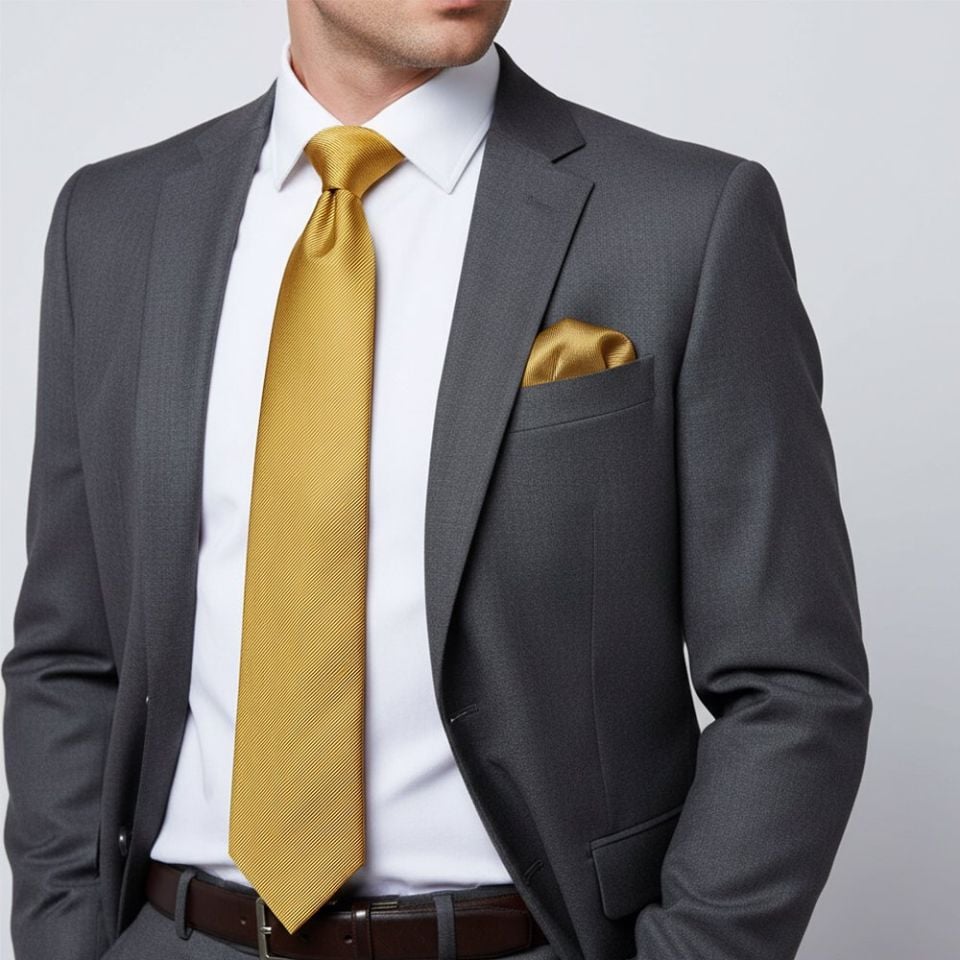 Mustard Yellow Silk Twill Classic Mens Tie and Pocket Square Set