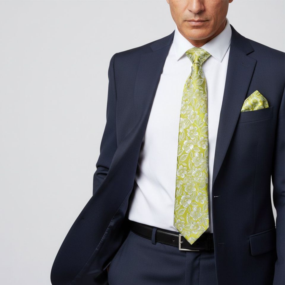 Mens Green Floral Silk Classic Tie and Pocket Square
