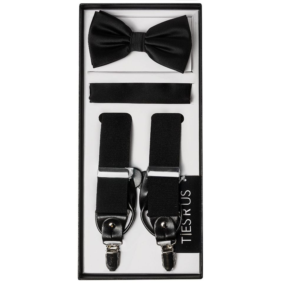 Men’s Plain Black Satin Bow Tie with Pocket Square & Braces Set