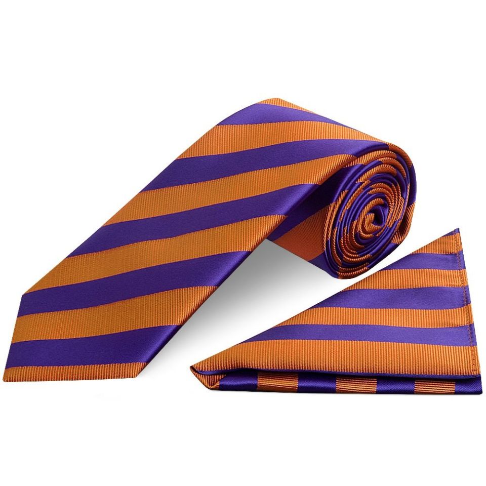 Purple and Orange Striped Classic Men's Tie and Pocket Square Set