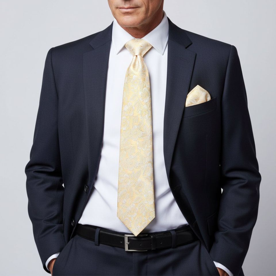 Mens Champagne Floral Silk Classic Tie and Pocket Square