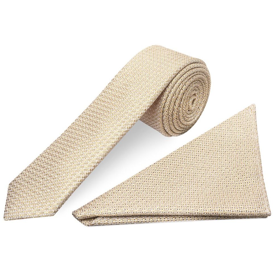 Plain Gold Grenadine Silk Skinny Men's Tie and Pocket Square Set