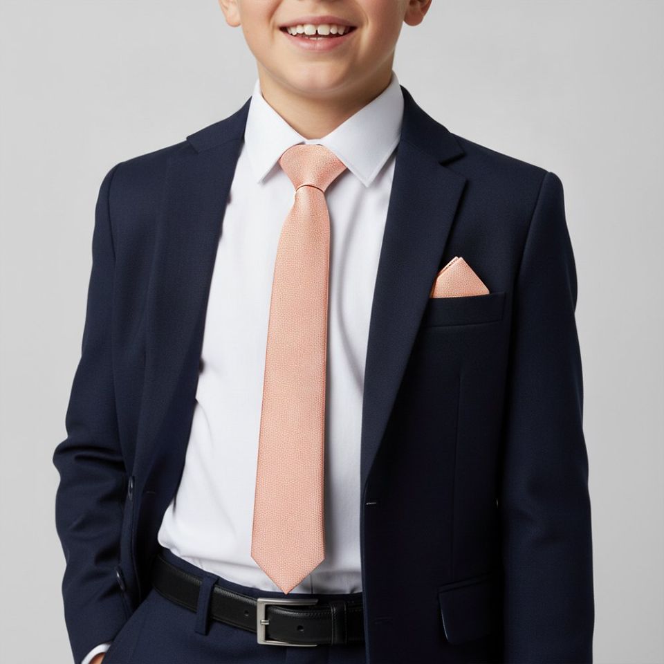Plain Rose Quartz Silk Skinny Boys Tie and Pocket Square Set