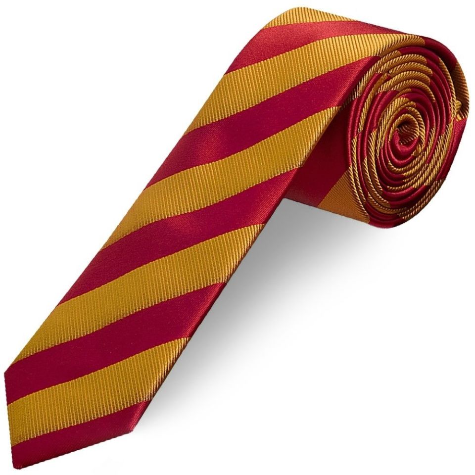 Red and Gold Striped Skinny Men's Tie and Pocket Square Set
