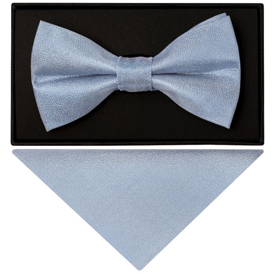 Mens Plain Dusty Blue Silk Bow Tie and Pocket Square Set