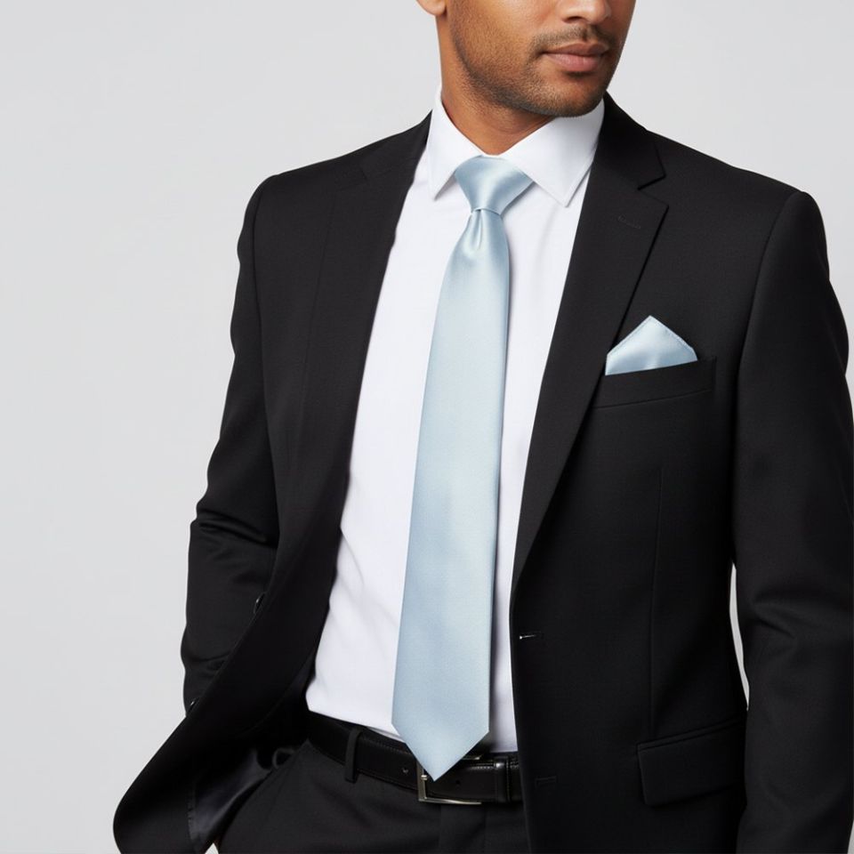 Plain Misty Blue Satin Classic Mens Tie and Pocket Square Set