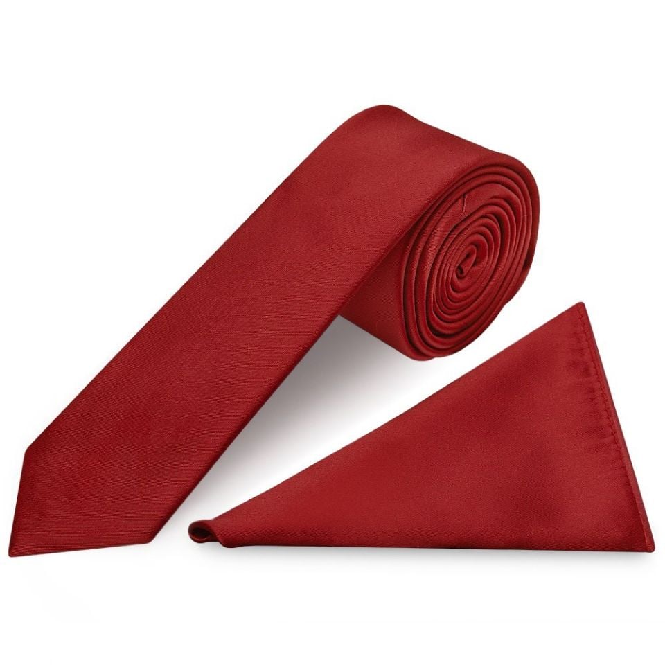 Plain Red Wine Skinny Men's Tie and Pocket Square Set