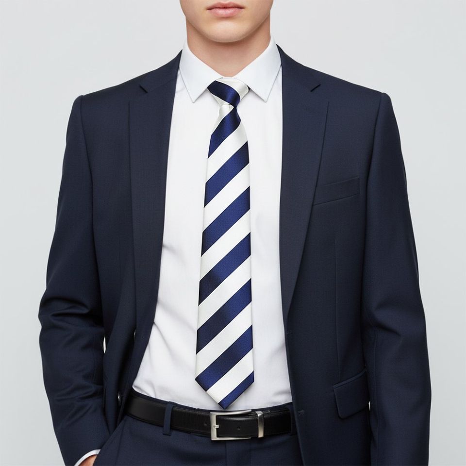 Navy Blue and White Striped Hand Made Classic Men's Football Tie