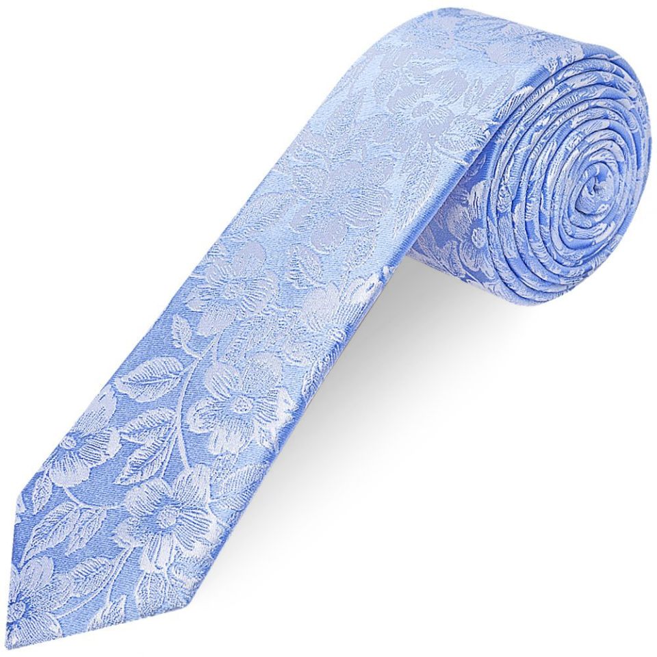 Mens Blue Floral Silk Skinny Tie and Pocket Square