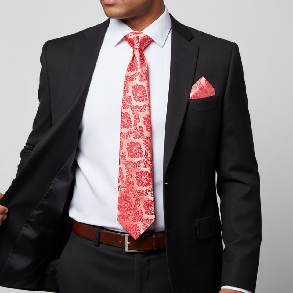 Coral Pink Paisley Classic Men's Tie and Pocket Square Set