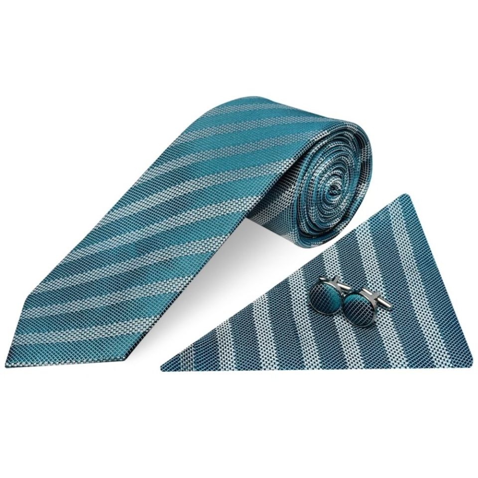 Teal Textured Stripe Mens Silk Classic Tie Pocket Square and Cufflinks Box Set