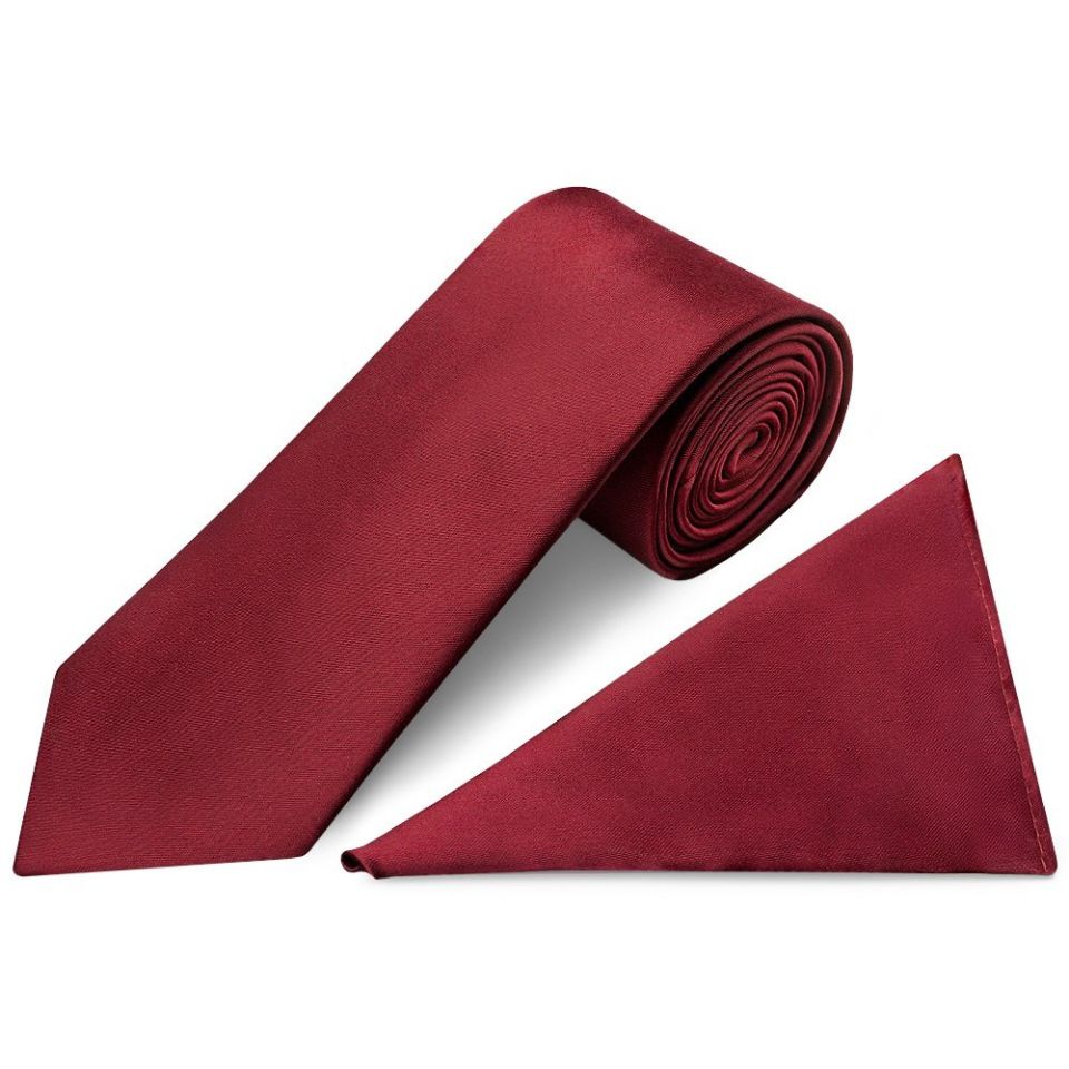 Plain Maroon Satin Classic Men's Tie and Pocket Square Set