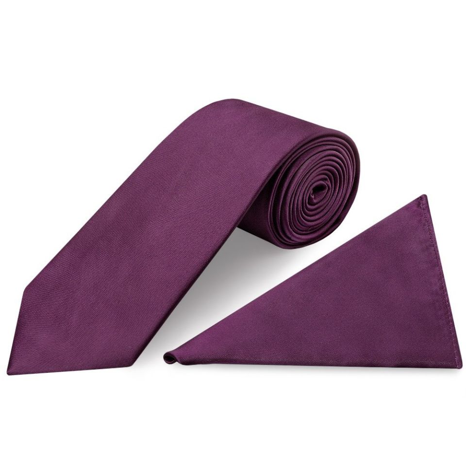 Plain Plum Satin Classic Men's Tie and Pocket Square Set
