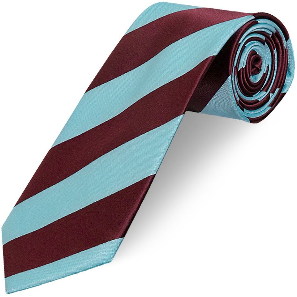 Claret and Blue Striped Hand Made Classic Men's Football Tie and Pocket Square Set