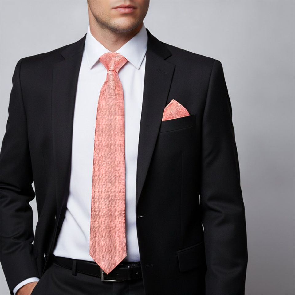 Plain Pink Textured Silk Classic Men's Tie and Pocket Square Set