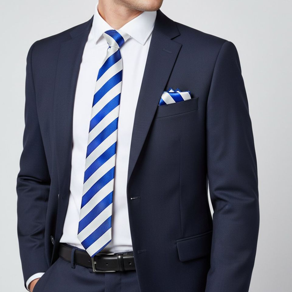 Blue and White Striped Classic Men's Football Tie and Pocket Square Set