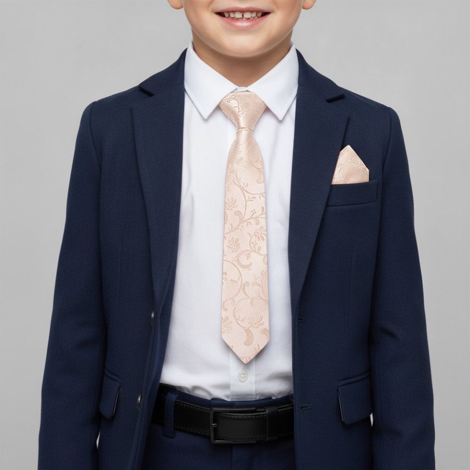 Pre Tied Light Peach Floral Boys Tie and Pocket Square Set Age 4-7