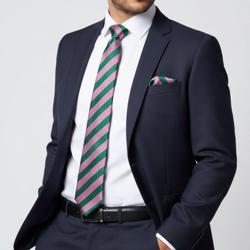 Pink and Green Striped Classic Men's Tie and Pocket Square Set