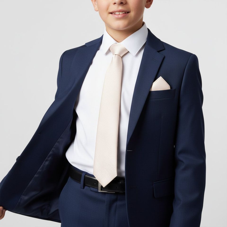 Plain Blush Textured Silk Skinny Boys Tie and Pocket Square Set