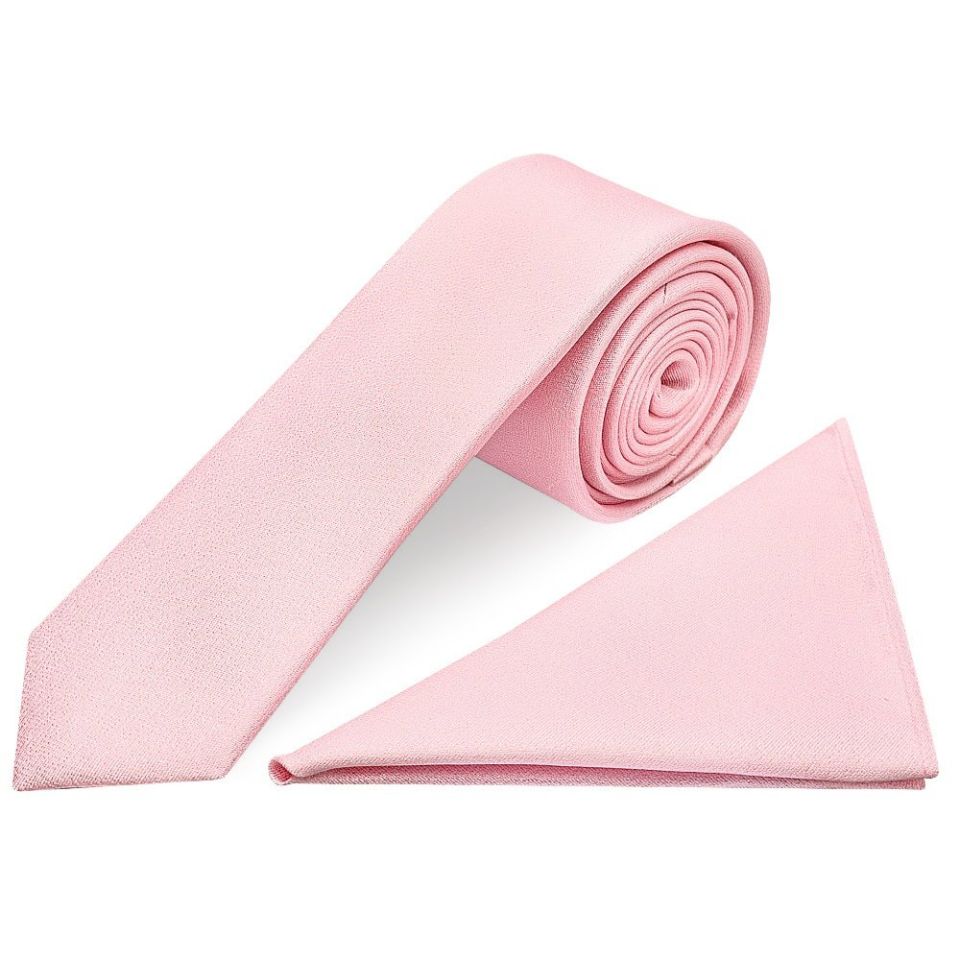 Plain Blush Pink Silk Skinny Men's Tie and Pocket Square Set