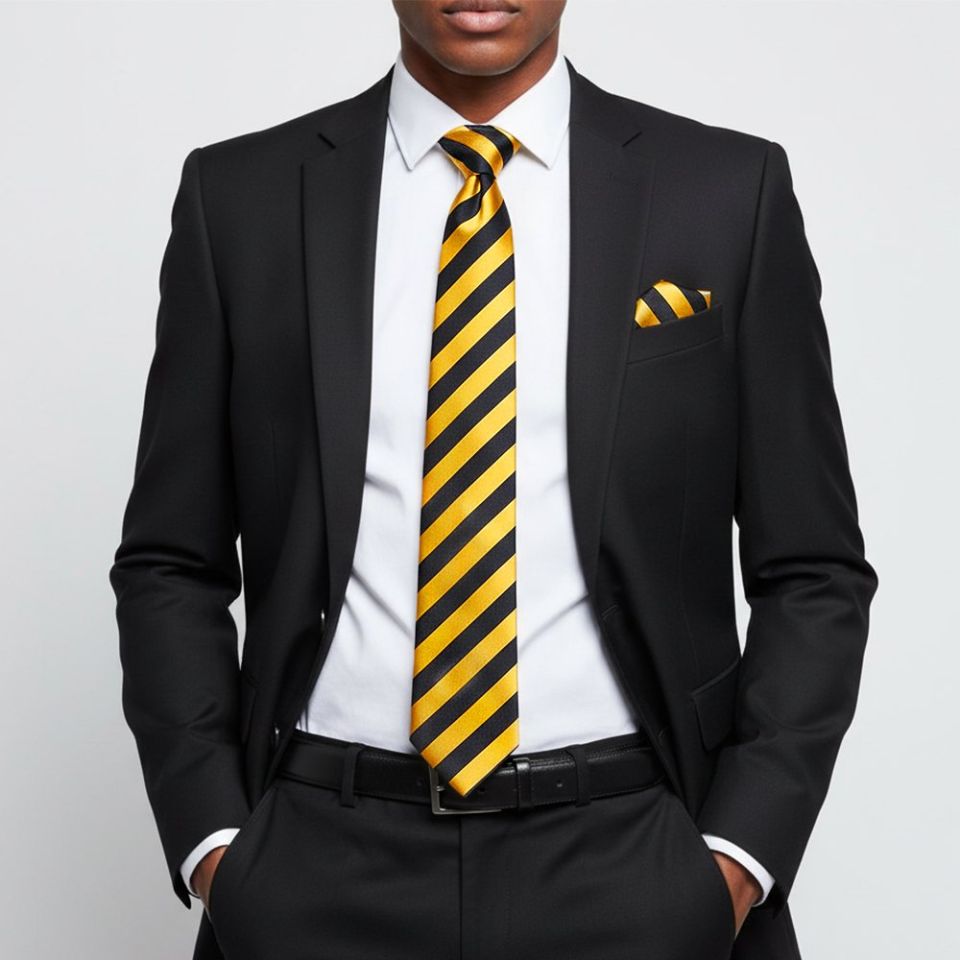 Navy and Yellow Striped Classic Men's Tie and Pocket Square Set