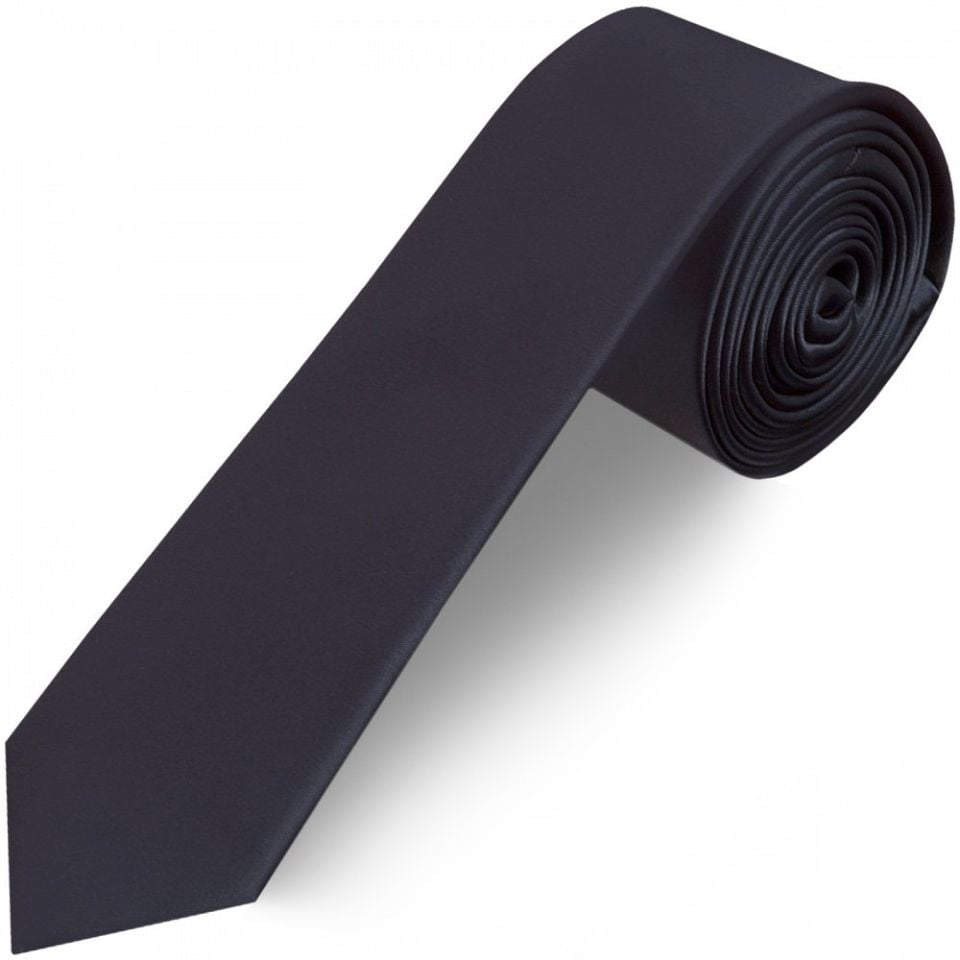 Plain Navy Blue Satin Skinny Men's Tie and Pocket Square Set