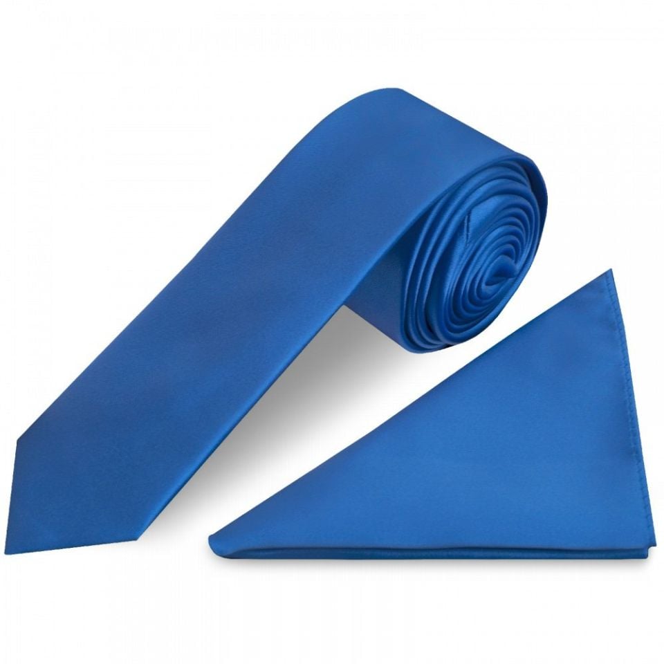 Plain Electric Blue Satin Skinny Men's Tie and Pocket Square Set