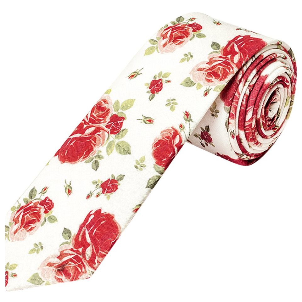 Men's White Cotton Skinny Tie with Pink Rose Pattern