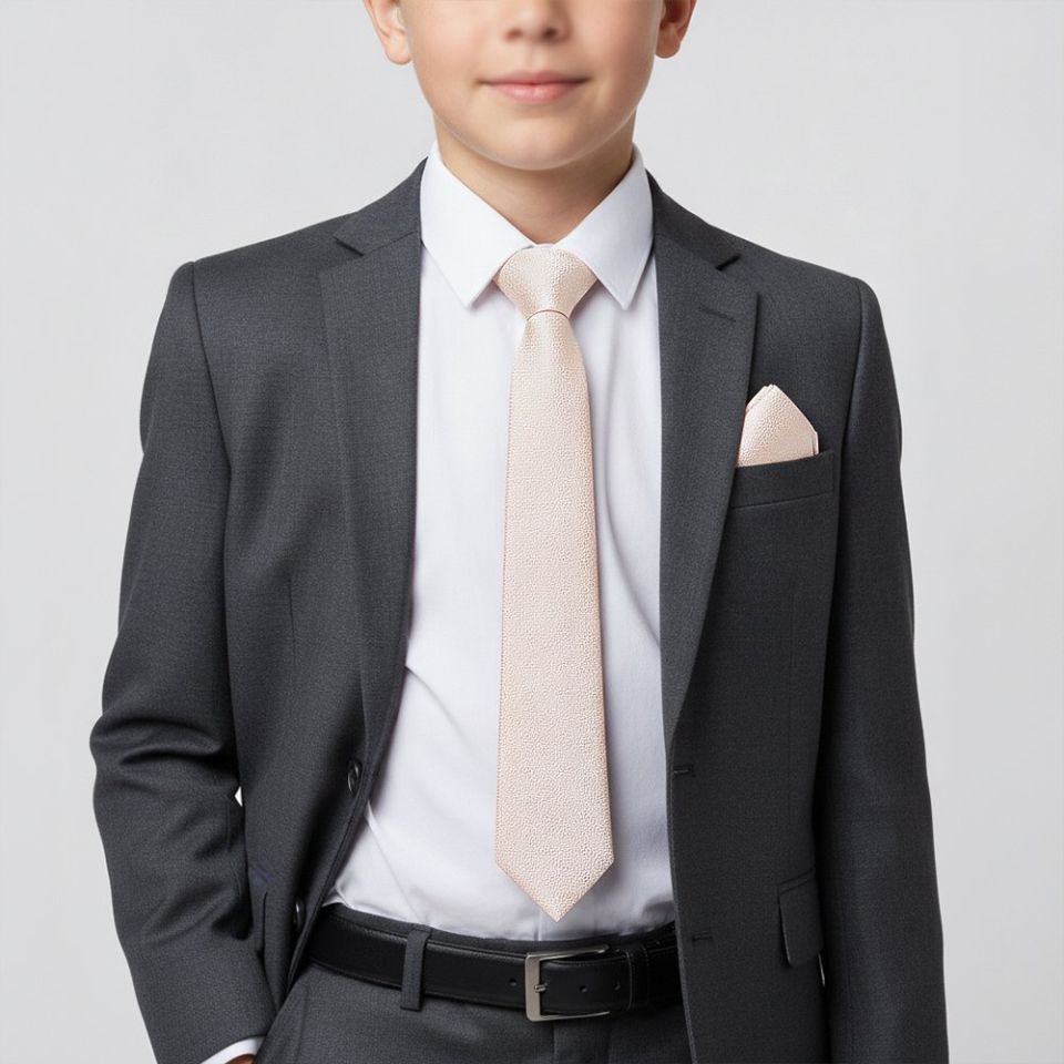 Blush Self Floral Textured Silk Skinny Boys Tie and Pocket Square Set