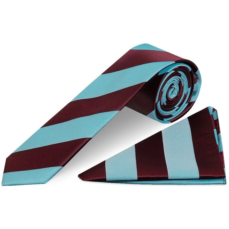 Claret and Blue Striped Skinny Boys Tie Pocket Square Set