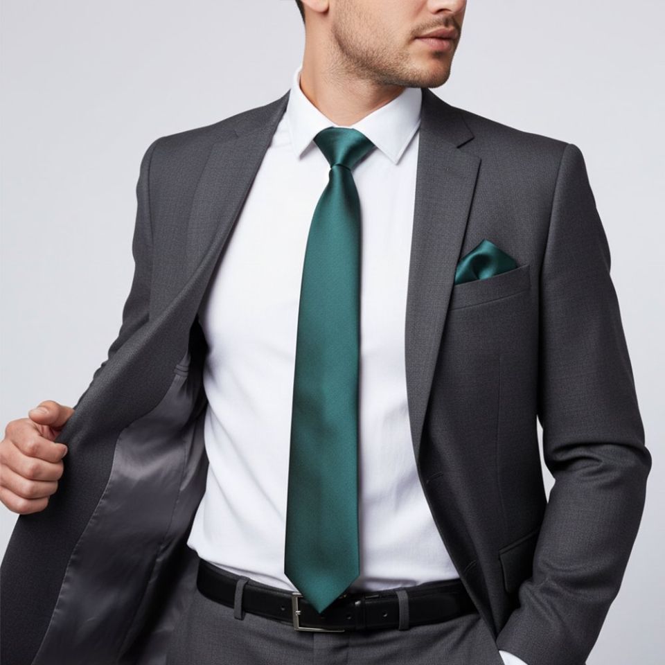 Plain Dark Teal Satin Classic Men's Tie and Pocket Square Set