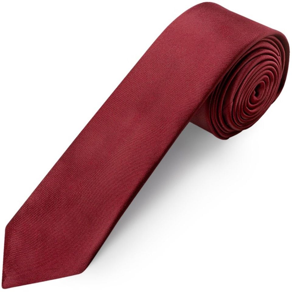 Plain Maroon Satin Skinny Boys Tie and Pocket Square Set