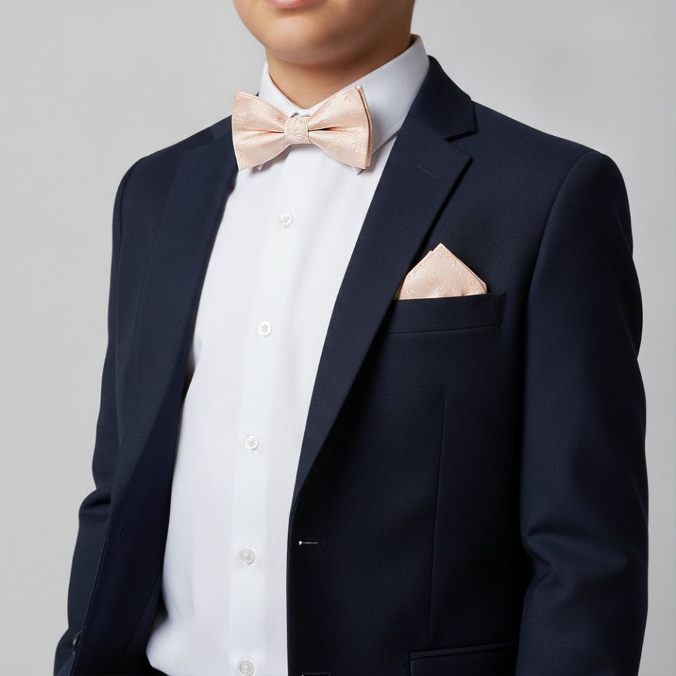 Pre Tied Light Peach Floral Boys Bow Tie and Pocket Square Set