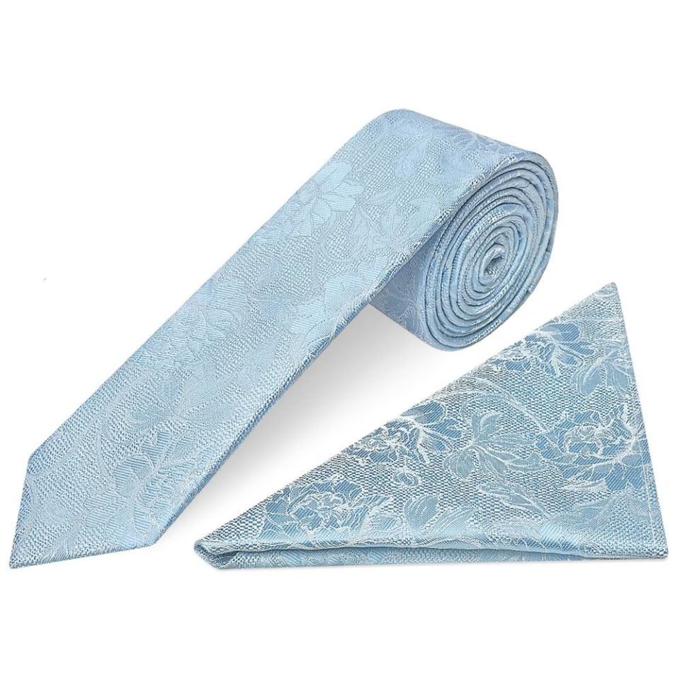 Dusty Blue Flower Skinny Men's Tie and Pocket Square Set