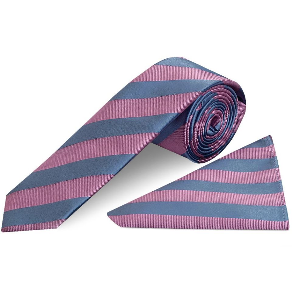 Pink and Light Blue Striped Skinny Men's Tie and Pocket Square Set