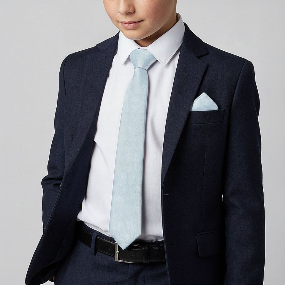Plain Steel Blue Silk Skinny Boys Tie and Pocket Square Set