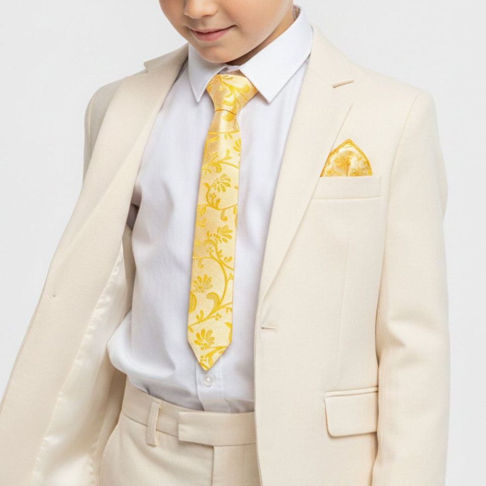 Pre Tied Bright Yellow Floral Boys Tie and Pocket Square Set Age 4-7