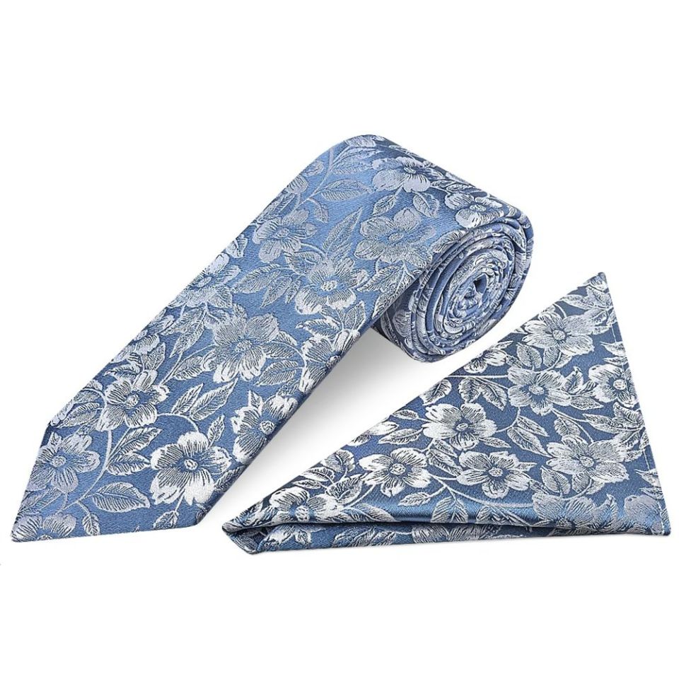 Mens Dusty Blue Floral Silk Classic Tie and Pocket Square
