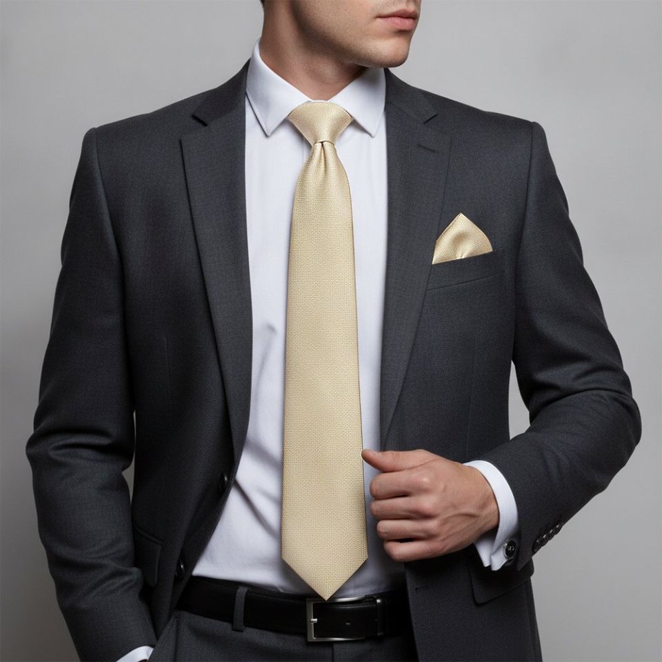 Plain Champagne Textured Silk Classic Men's Tie and Pocket Square Set
